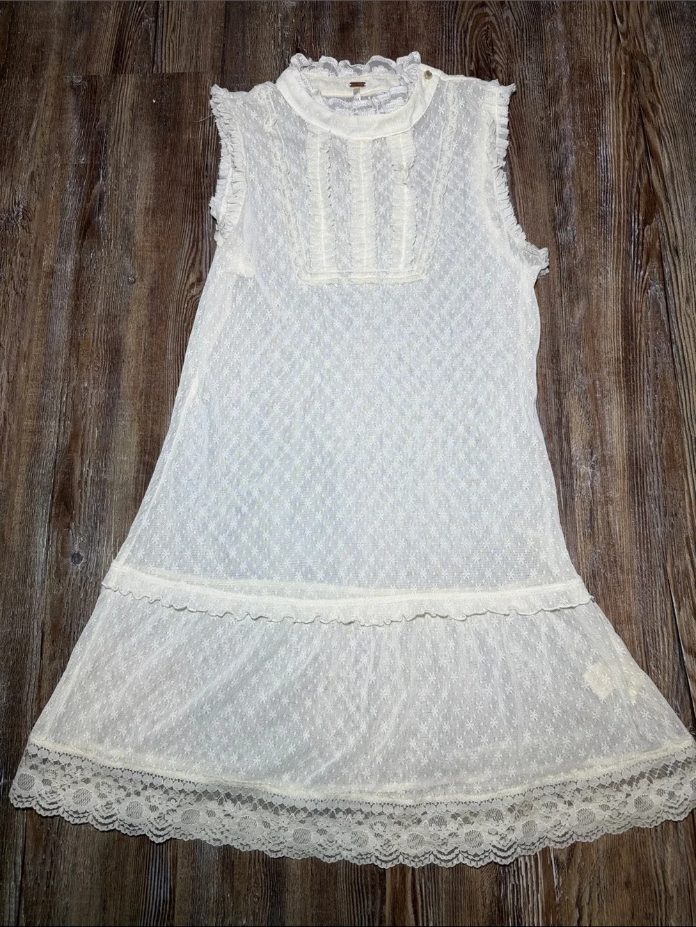 Free People Cream Sheer Lace Ruffle Mini Dress - Size S